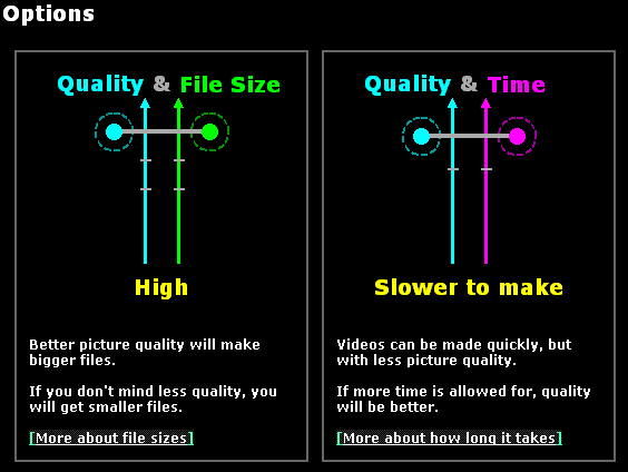 Selecting quality options for output video using the sliders